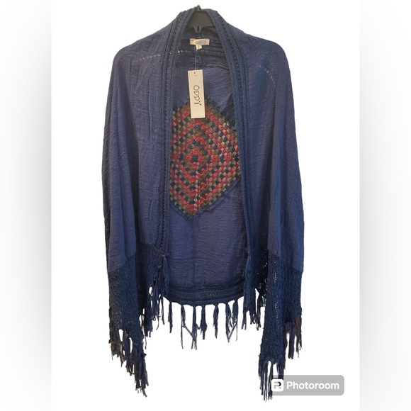 ODDY Boho Navy Fringe Linen Blend Kimono. One Size. NWT - Picture 10 of 10